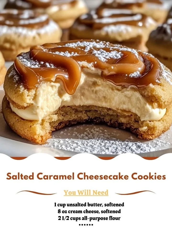 Salted caramel cheesecake cookies topped with caramel drizzle
