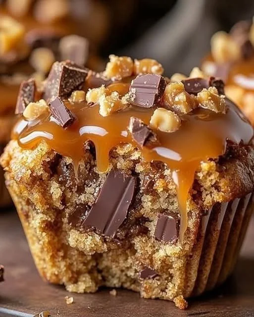 Delicious salted caramel chocolate chunk muffins with drizzled caramel.