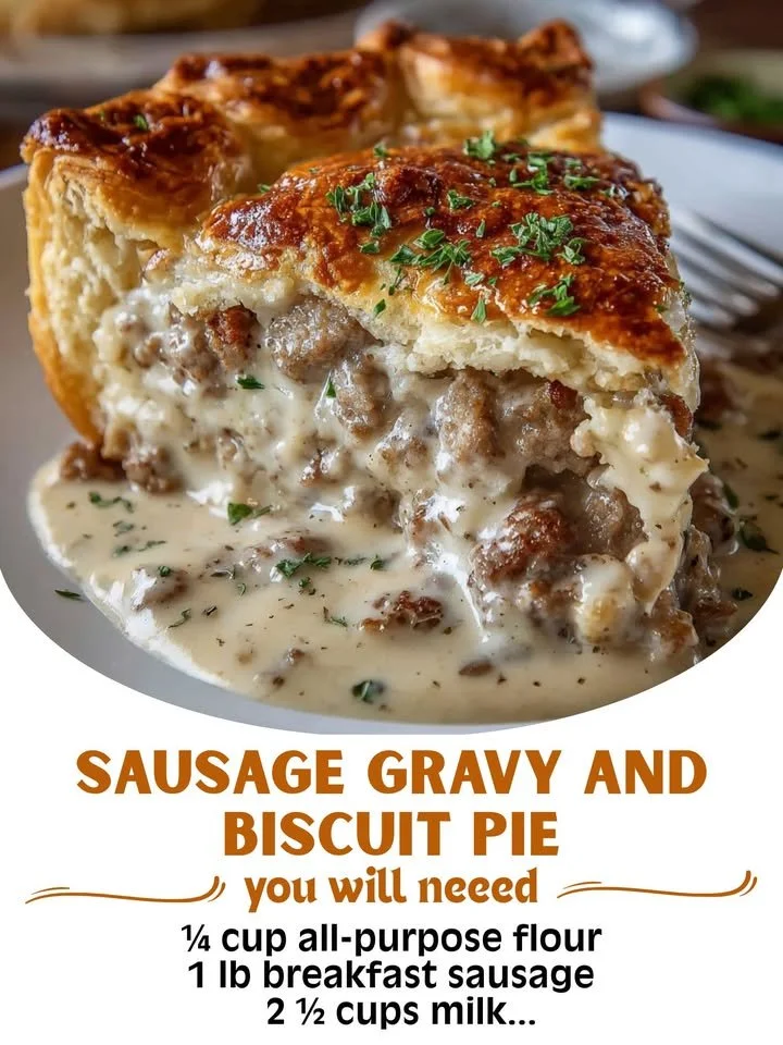 Sausage gravy and biscuit pie served on a plate