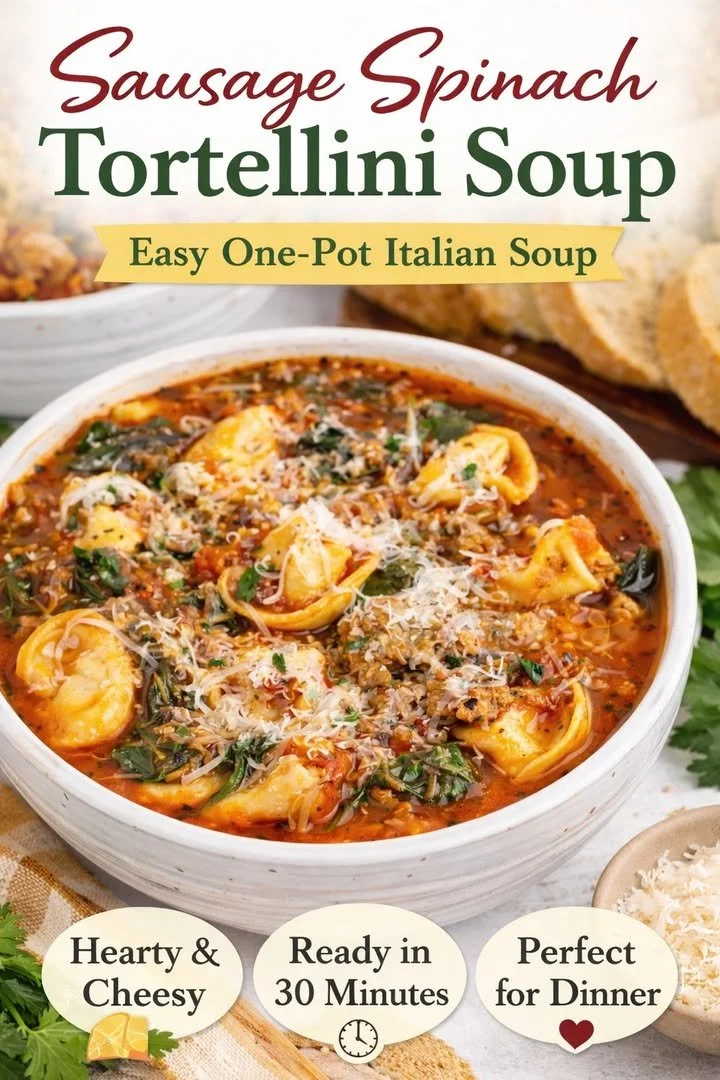 Bowl of Sausage Spinach Tortellini Soup, hearty and flavorful meal.