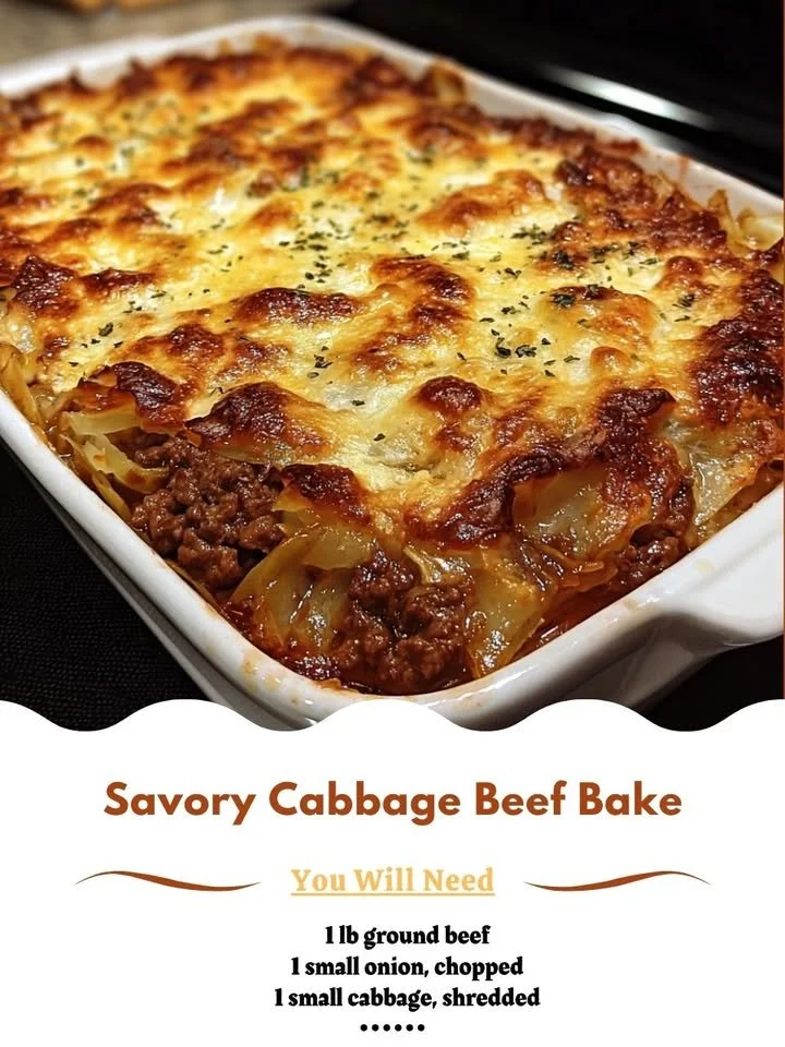 Savory Cabbage Beef Bake topped with cheese and herbs, baked to perfection.