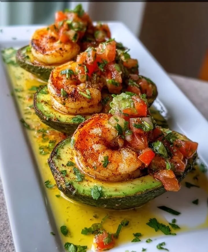 Seared shrimp stuffed avocados garnished and served on a plate