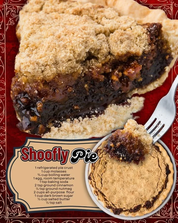 A slice of Shoofly Pie on a plate, showcasing its rich filling and crust.