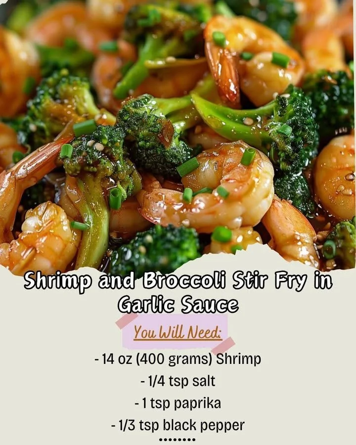 Shrimp and broccoli stir fry in garlic sauce on a plate