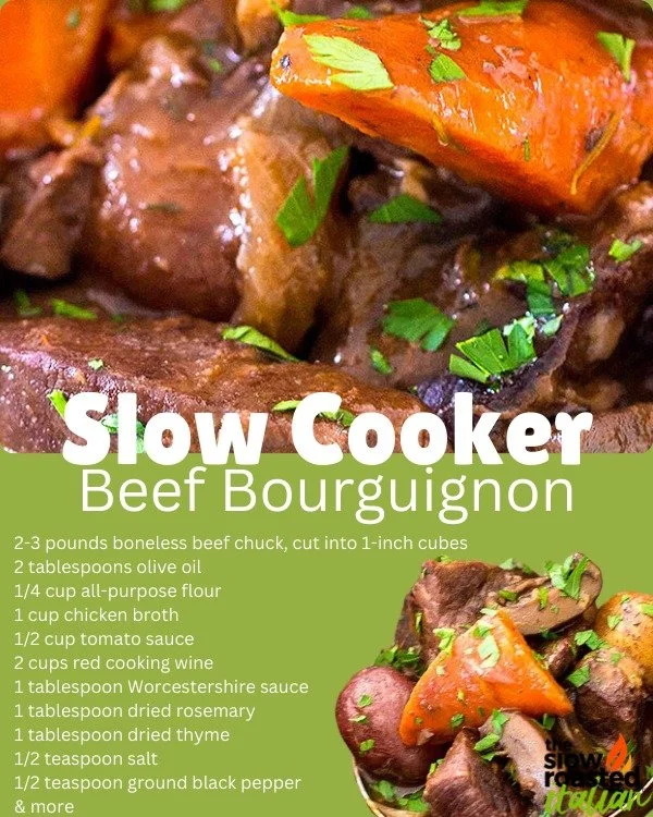 Delicious Slow Cooker Beef Bourguignon in a rustic bowl garnished with herbs.