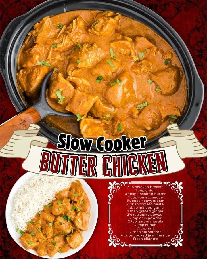 Delicious slow cooker butter chicken served with rice and garnished with cilantro