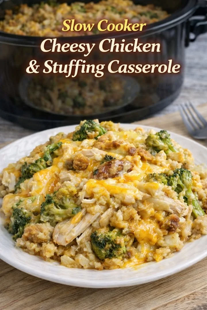 Slow Cooker Cheesy Chicken and Stuffing Casserole in a crockpot