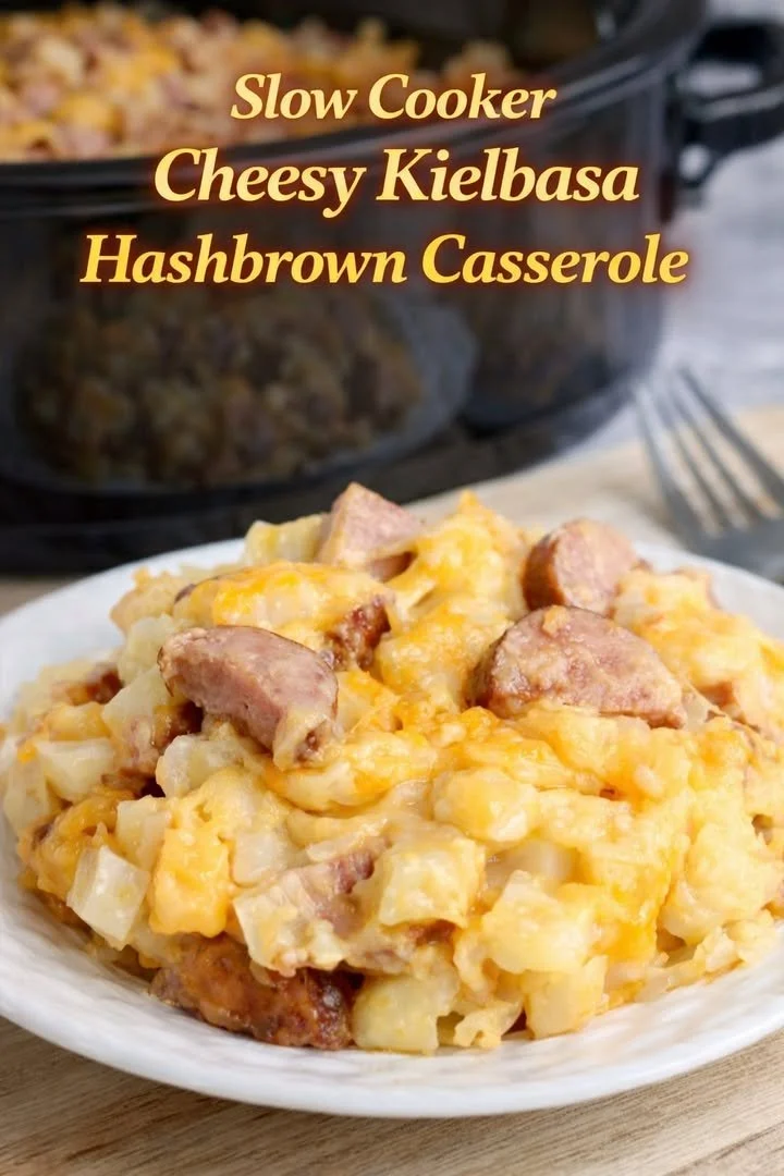 Delicious slow cooker cheesy kielbasa hashbrown casserole in a serving dish.
