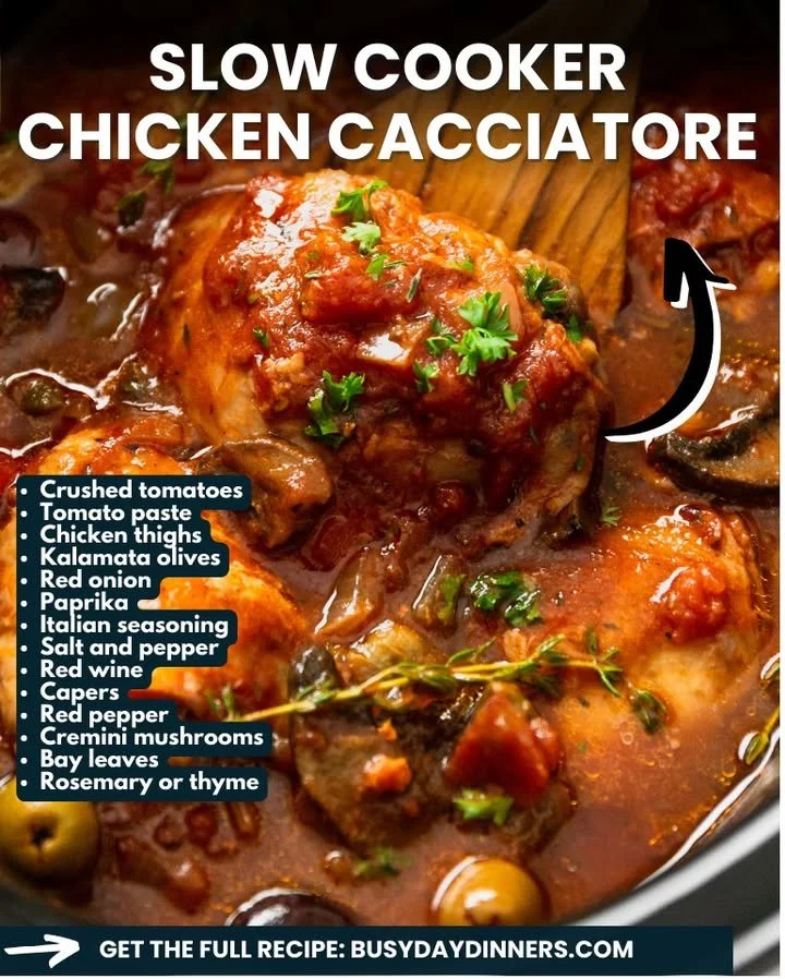 Delicious slow cooker chicken cacciatore served with vegetables