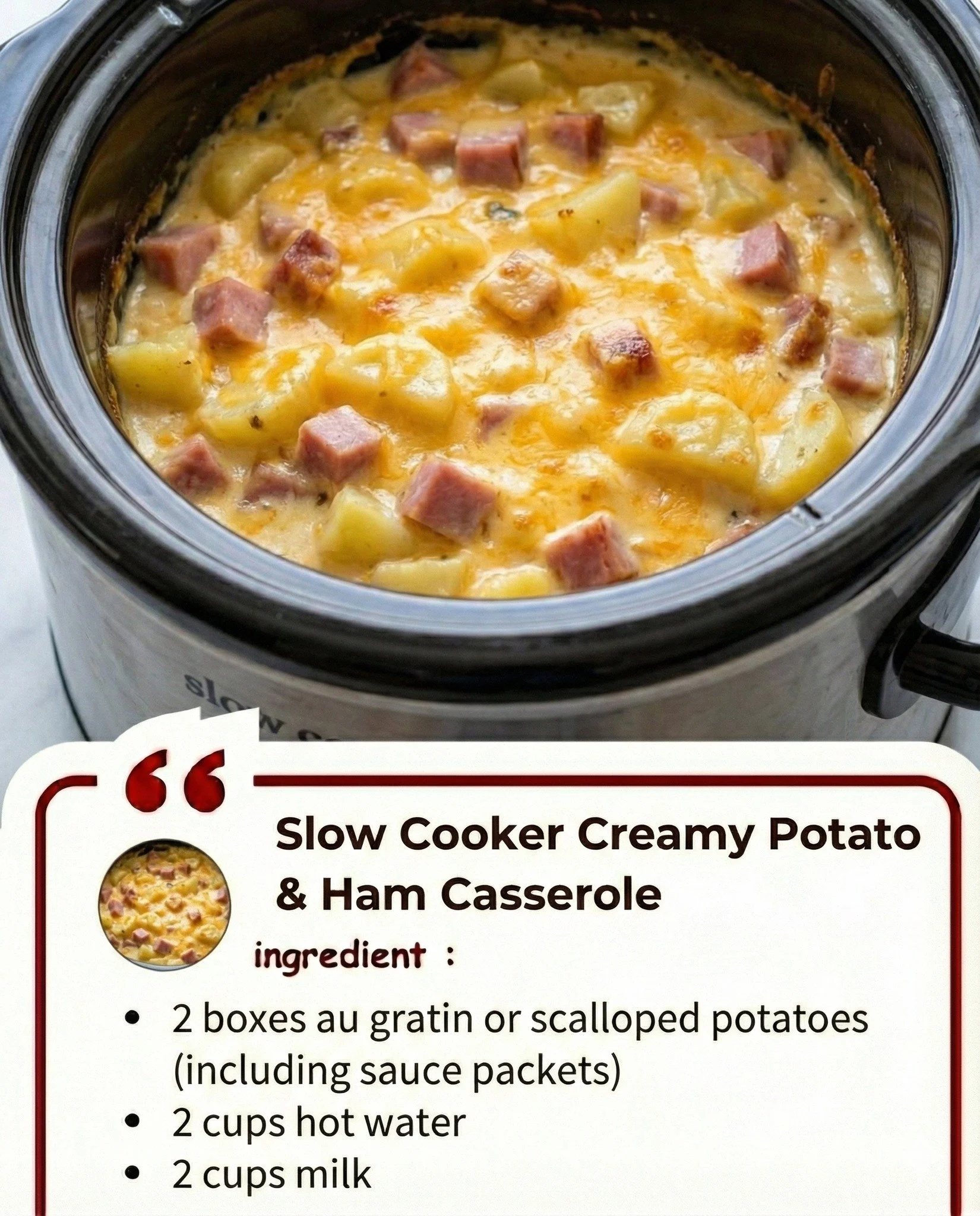 Delicious slow cooker creamy potato and ham casserole in a rustic dish
