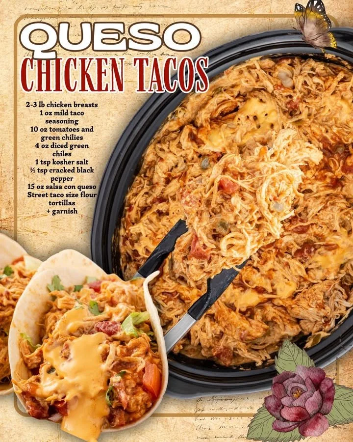 Delicious slow cooker queso chicken tacos served with fresh toppings