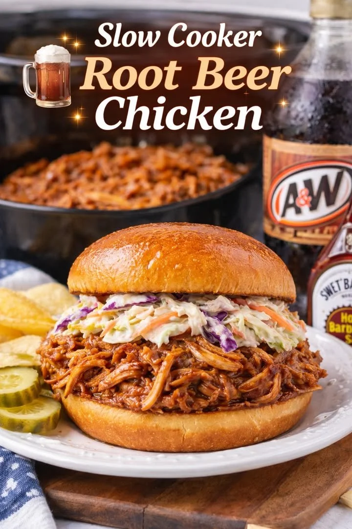 Delicious slow cooker root beer chicken served on a plate