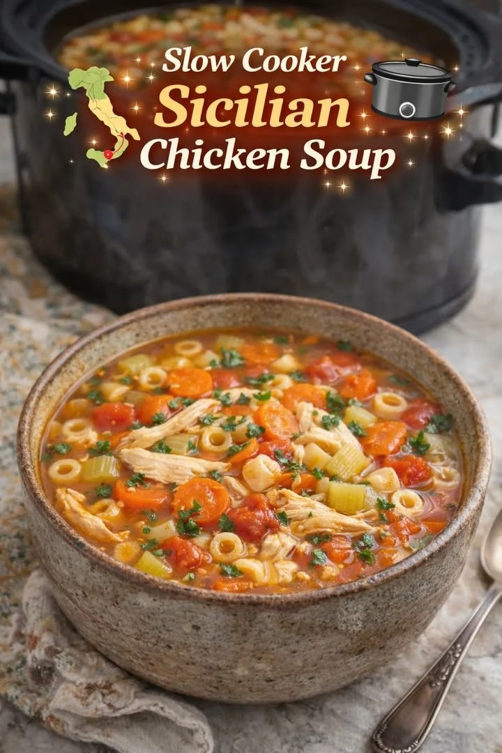 A bowl of slow-cooked Sicilian Chicken Soup with vegetables and herbs.