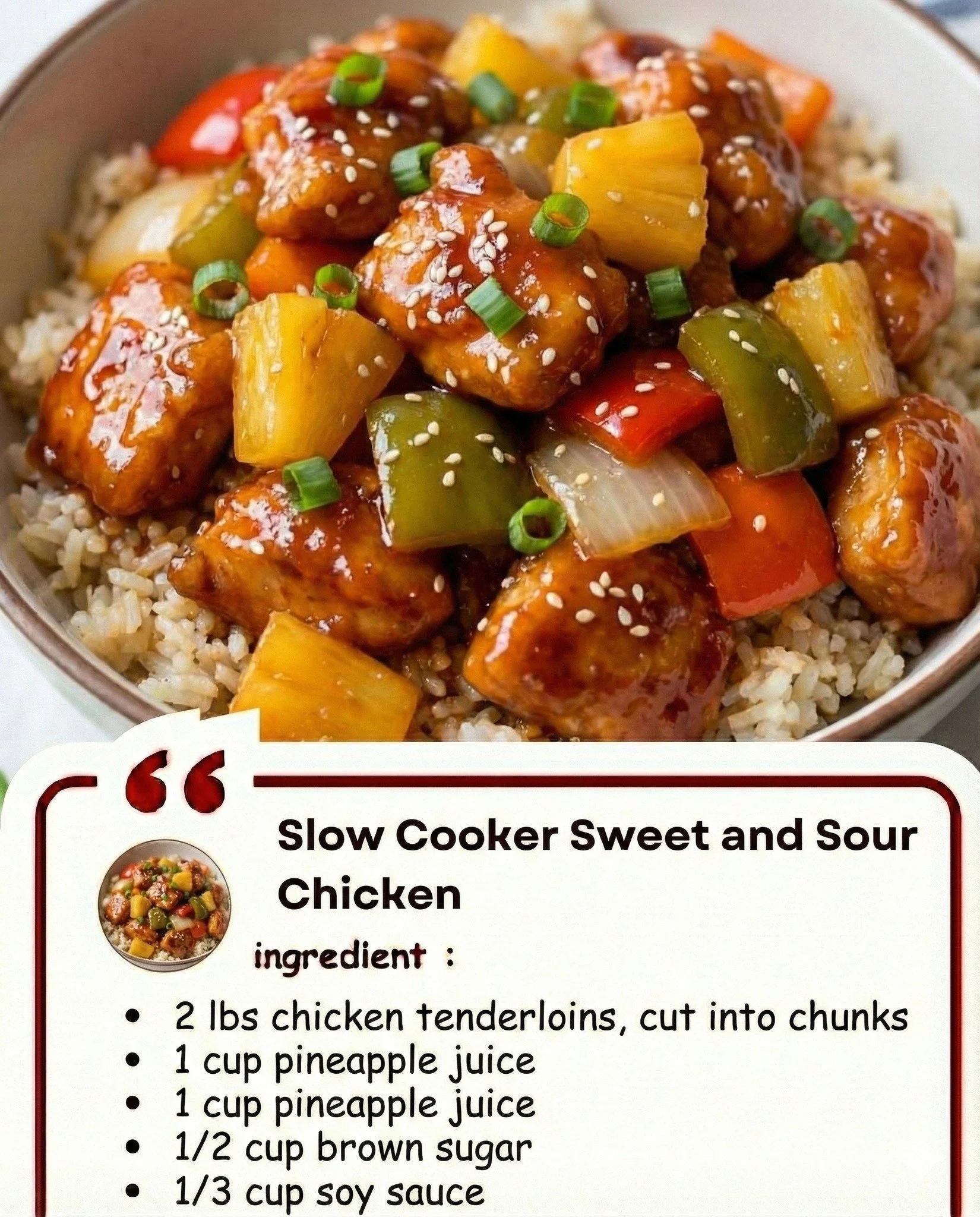 Bowl of Slow Cooker Sweet and Sour Chicken with colorful veggies and pineapple