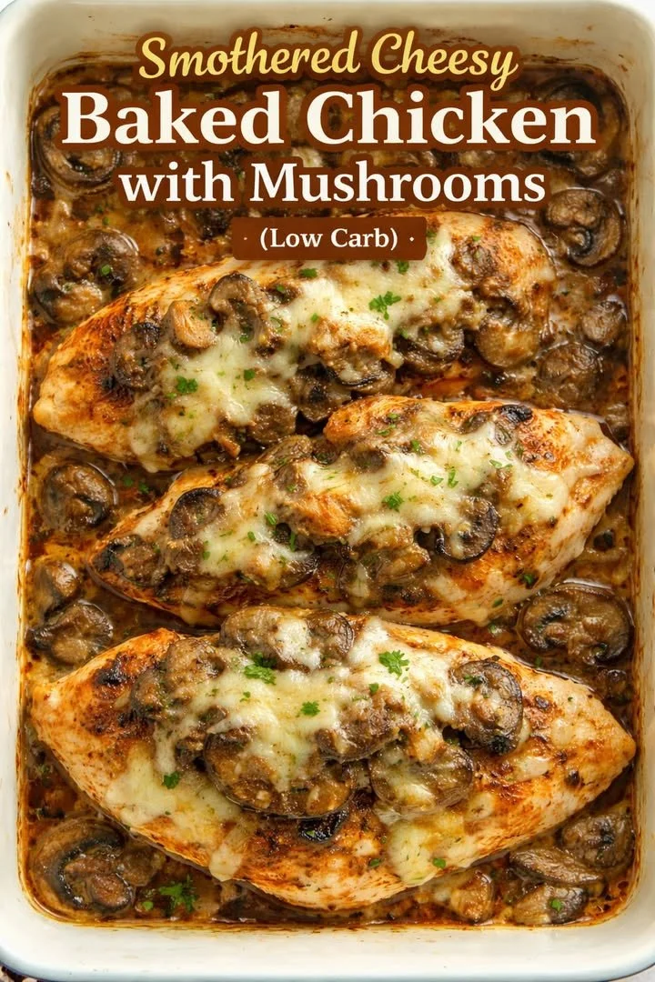 Smothered cheesy baked chicken topped with mushrooms, ready to serve.