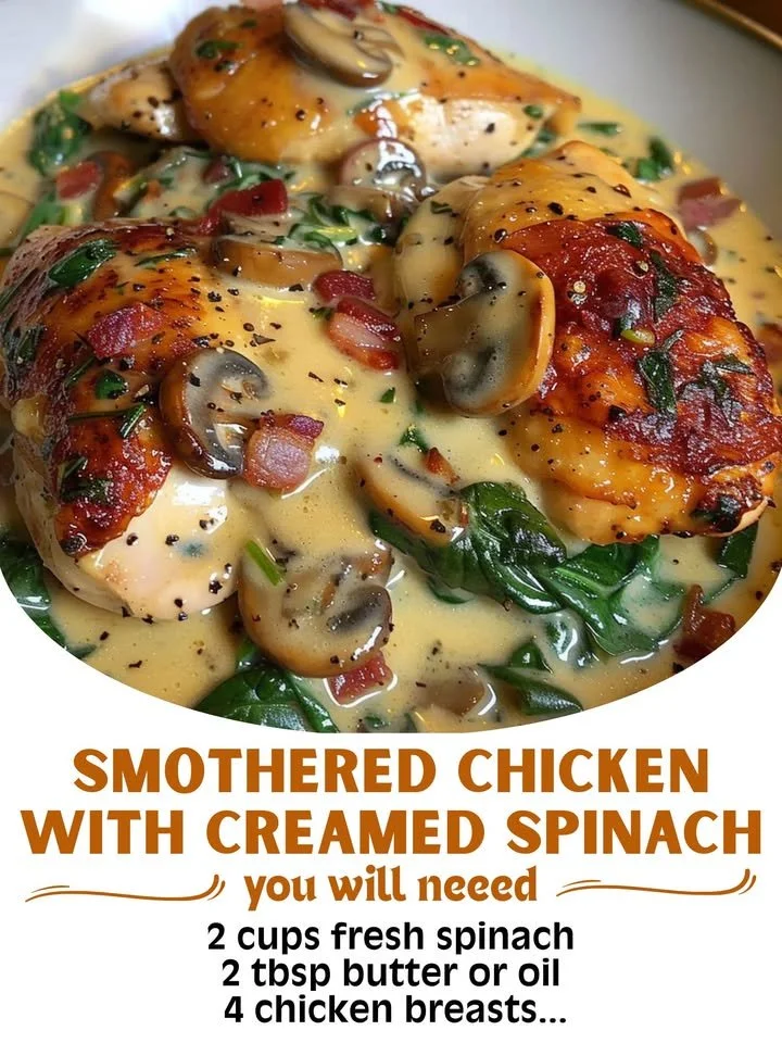 Delicious smothered chicken with creamed spinach, bacon, and mushrooms on a plate.