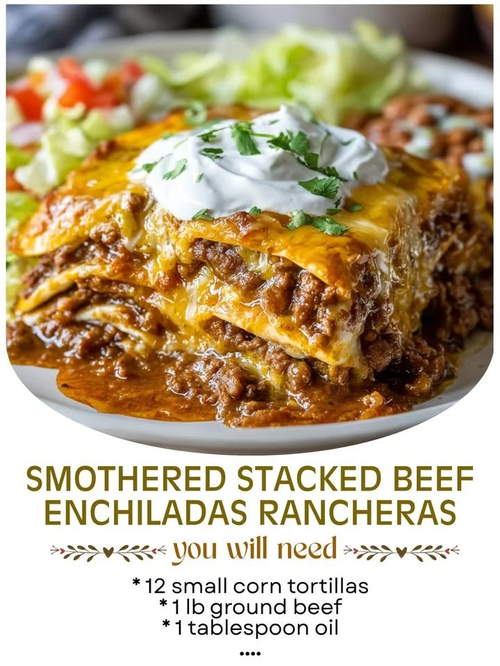 Smothered stacked beef ranch-style enchiladas topped with sauce and cheese