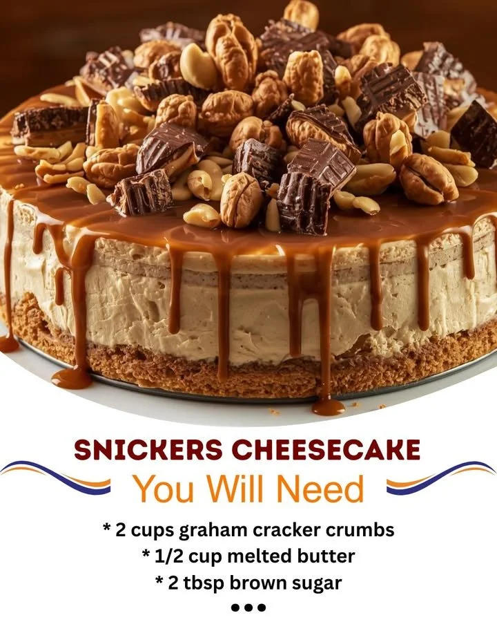 Decadent Snickers Cheesecake topped with caramel, chocolate, and peanuts