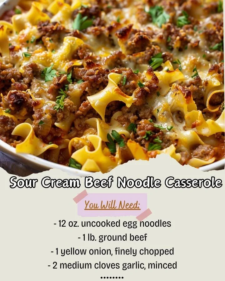Sour cream beef noodle casserole served in a dish, garnished and ready to enjoy.