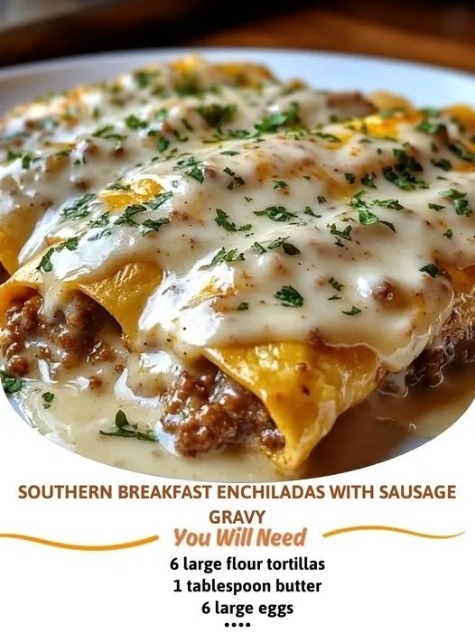 Southern breakfast enchiladas topped with creamy sausage gravy on a plate