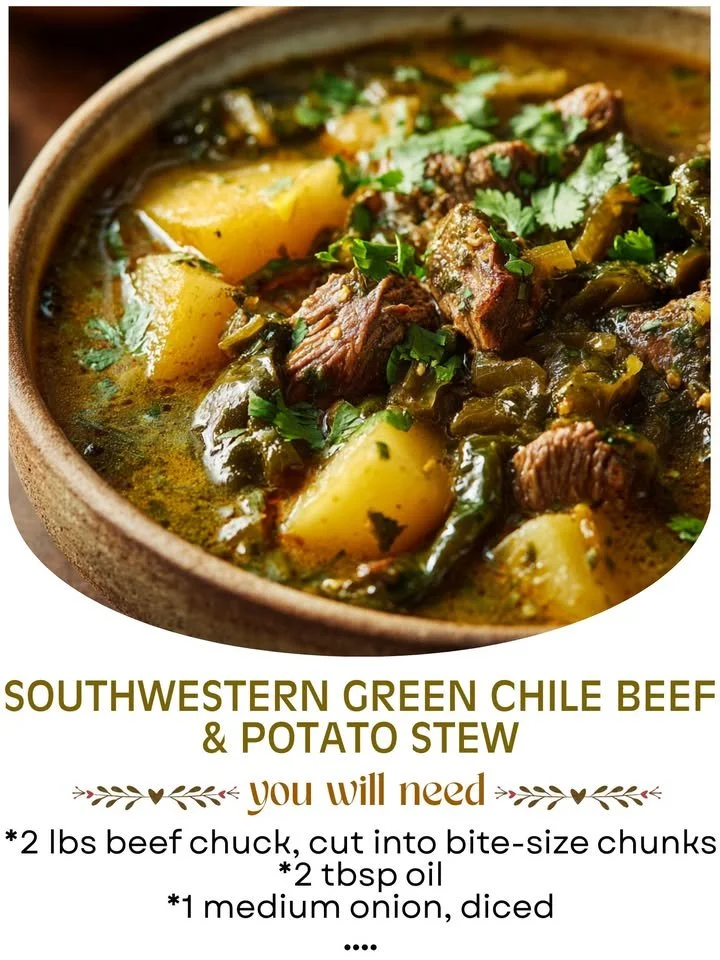 Bowl of Southwestern Green Chile Beef and Potato Stew with cilantro garnish