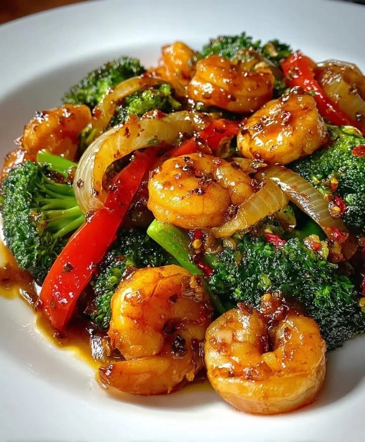 Spicy honey-garlic shrimp stir-fry with broccoli and vibrant vegetables