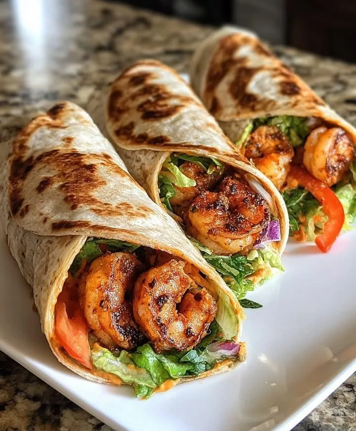 Delicious spicy shrimp wraps drizzled with chipotle sauce on a plate