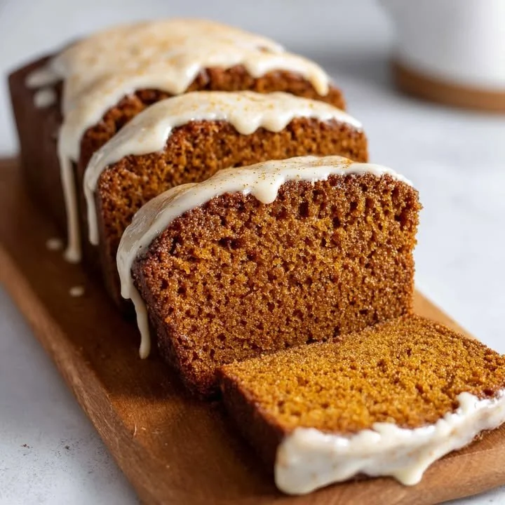 Starbucks gingerbread loaf with cream cheese frosting on a festive plate