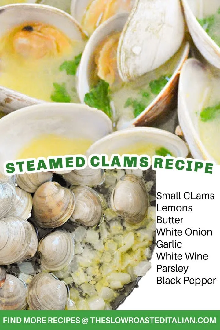 Plate of perfectly steamed clams garnished with herbs and lemon.