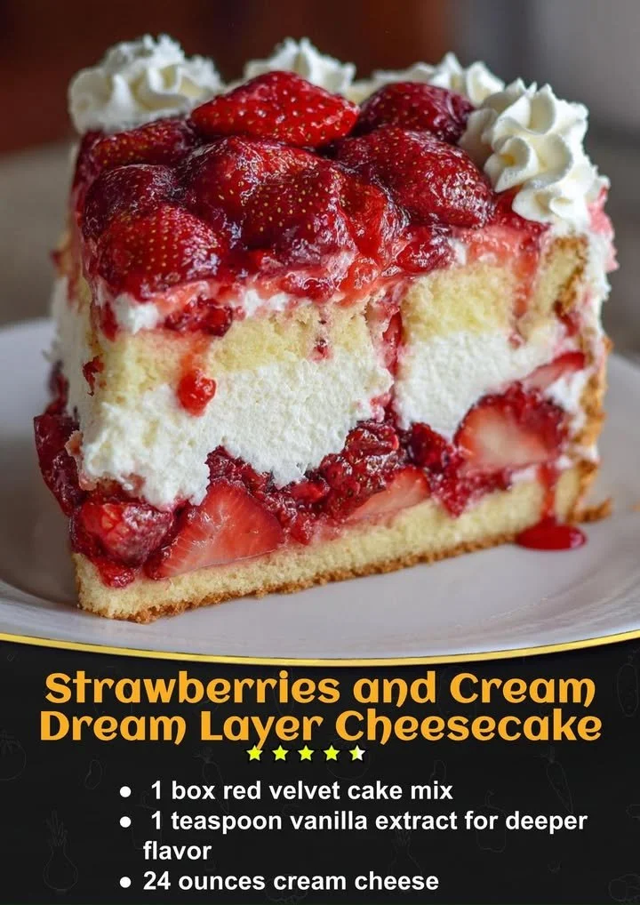 Strawberries and Cream Dream Layer Cheesecake Cake with fresh strawberries topping