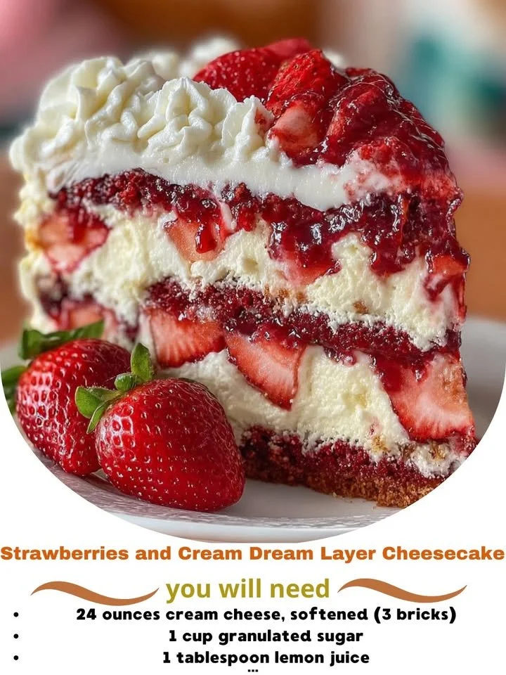 Strawberries and cream dream-layer cheesecake cake with fresh strawberries
