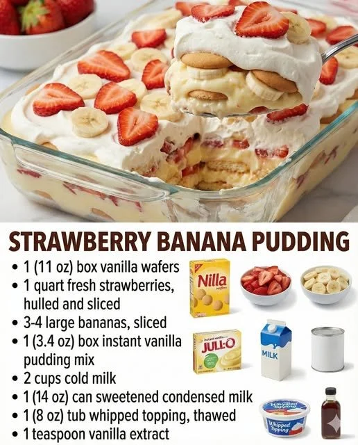 Delicious strawberry banana pudding dessert in a glass with fresh fruits