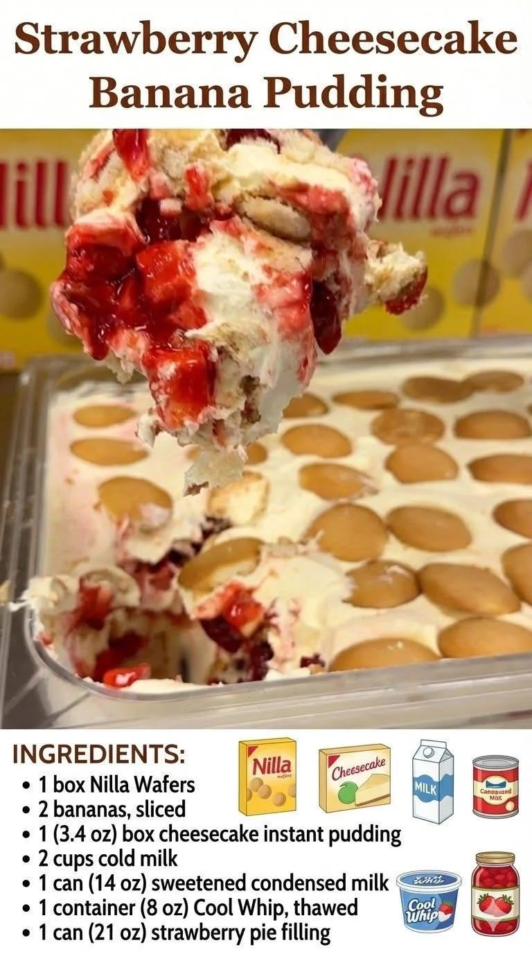 Delicious Strawberry Banana Pudding dessert in a glass, topped with fresh strawberries.