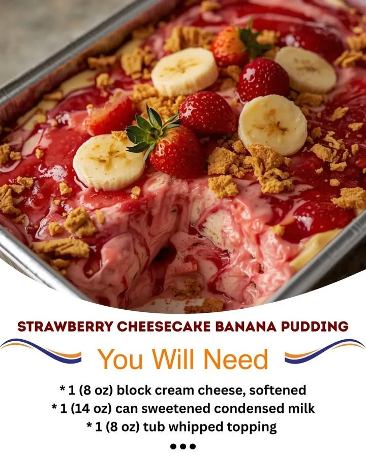 Delicious Strawberry Cheesecake Banana Pudding served in a glass dish