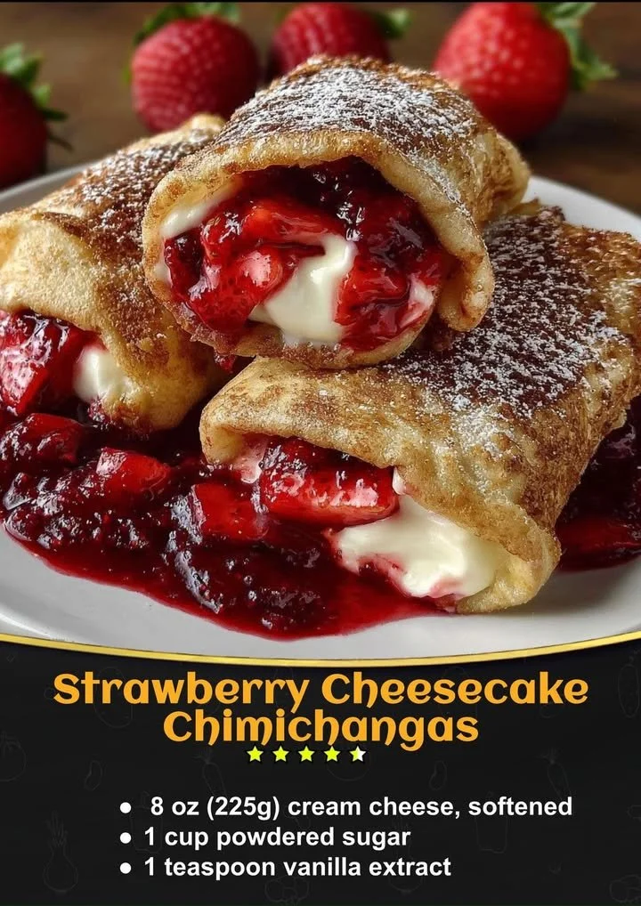 Delicious strawberry cheesecake chimichangas served with fresh strawberries