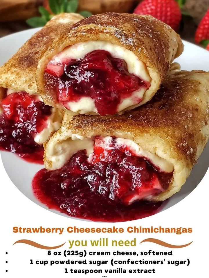 Delicious strawberry cheesecake chimichangas served on a plate