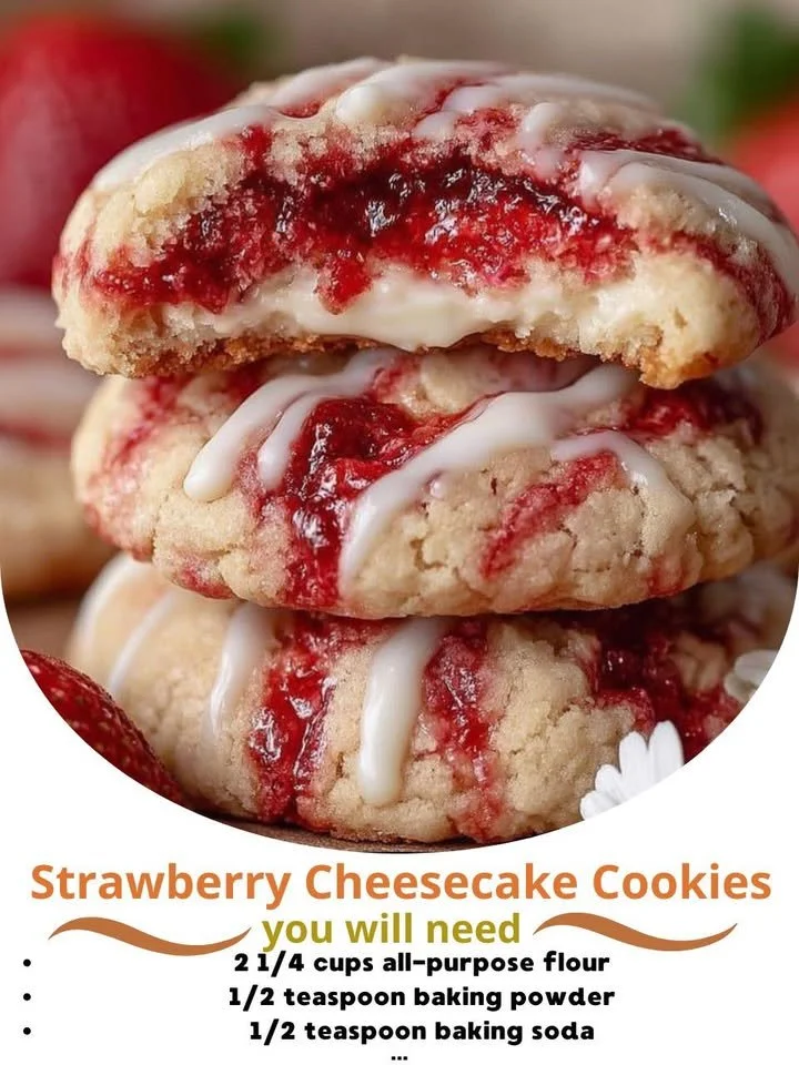 Strawberry Cheesecake Cookies featuring creamy cheesecake and fresh strawberries.
