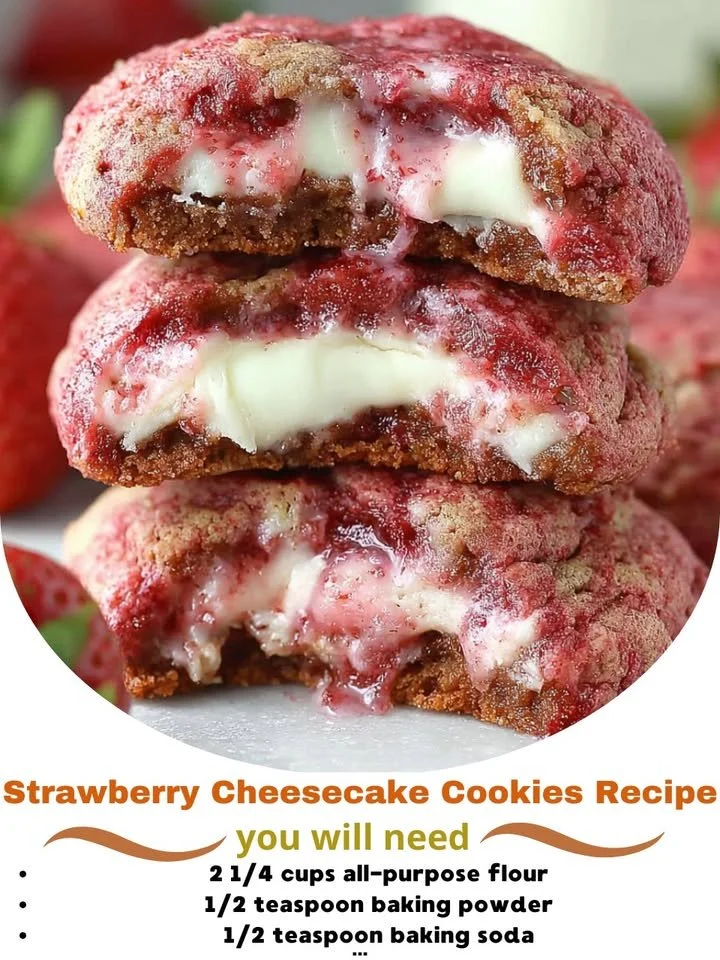 Freshly baked Strawberry Cheesecake Cookies with strawberries and cream cheese