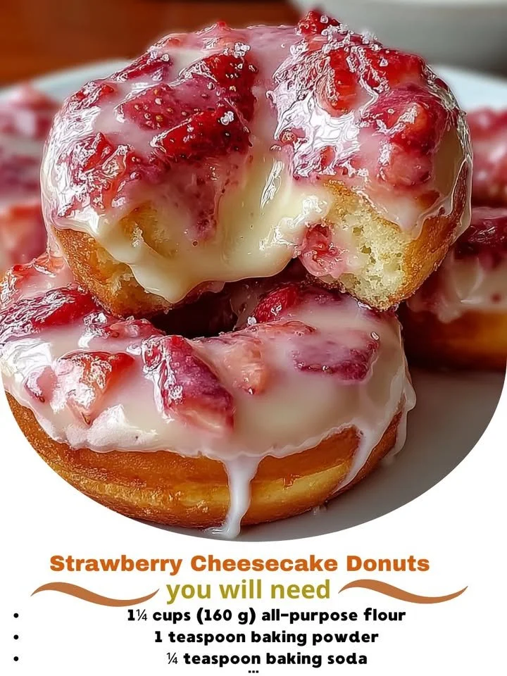 Freshly baked strawberry cheesecake donuts with a creamy topping.