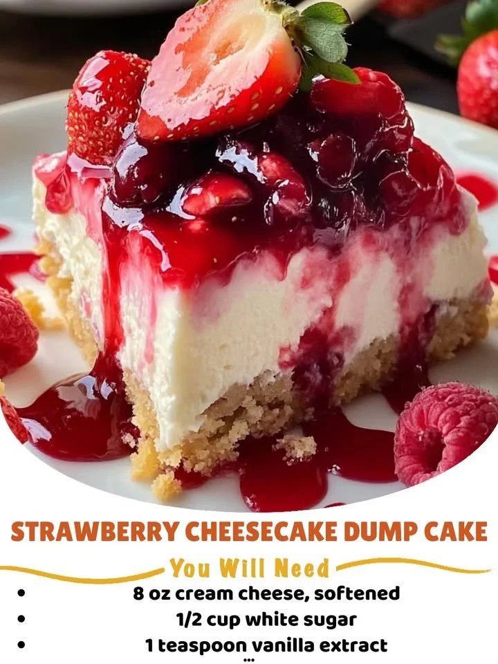Delicious strawberry cheesecake dump cake served on a white plate