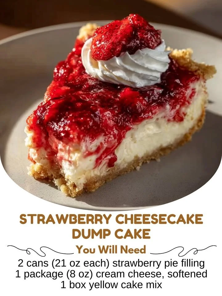 Delicious Strawberry Cheesecake Dump Cake slice topped with fresh strawberries