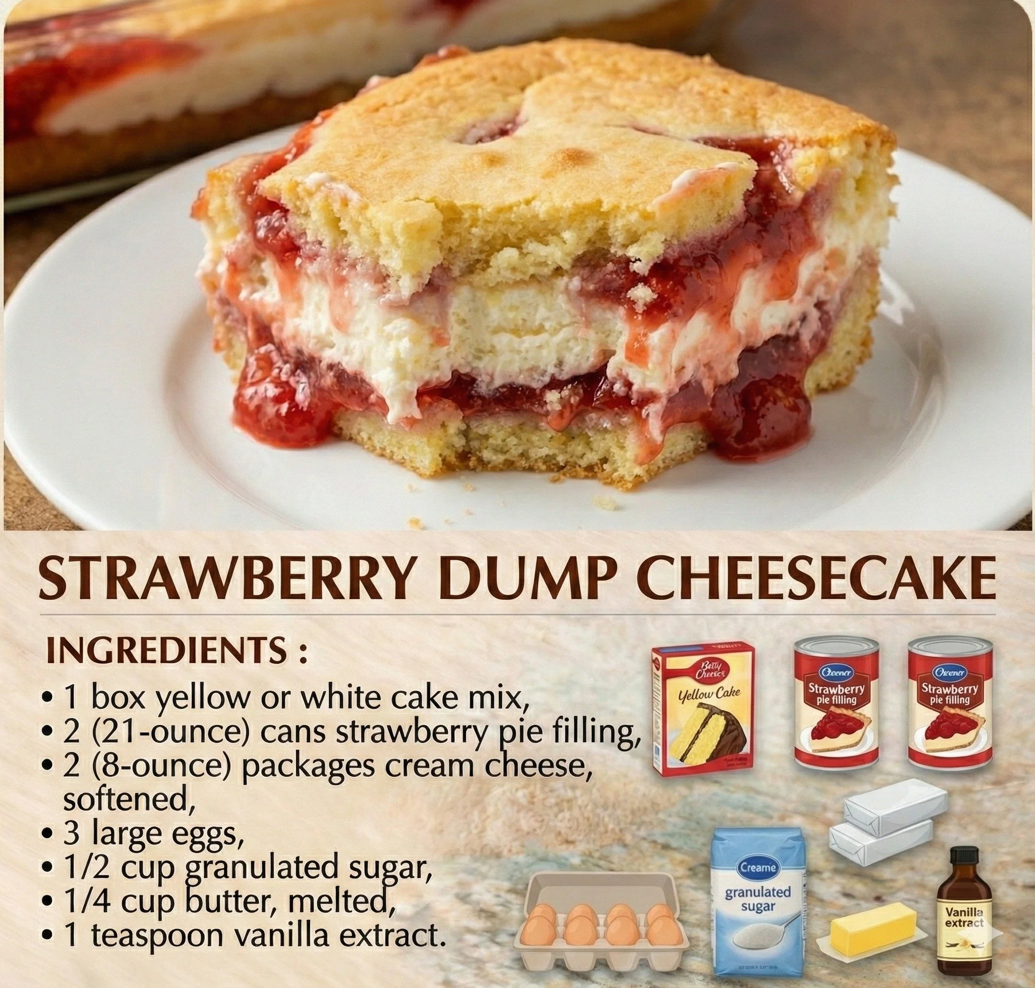 Delicious Strawberry Cheesecake Dump Cake with creamy layers and fresh strawberries