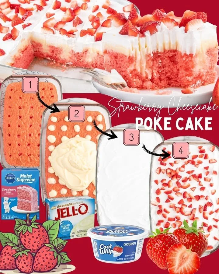 Delicious Strawberry Cheesecake Poke Cake with fresh strawberries on top
