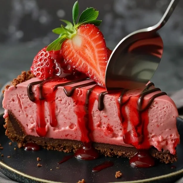 Strawberry chocolate mousse cheesecake with fresh strawberries on top