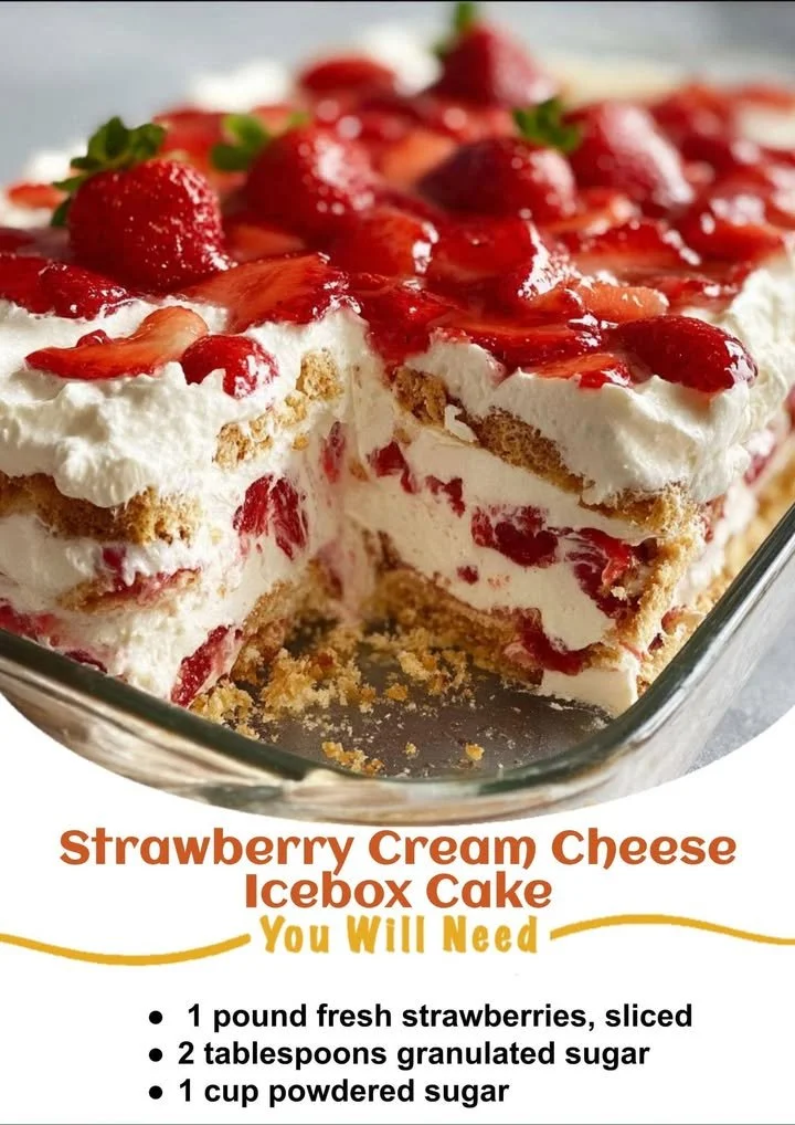 Strawberry Cream Cheese Icebox Cake topped with fresh strawberries and whipped cream