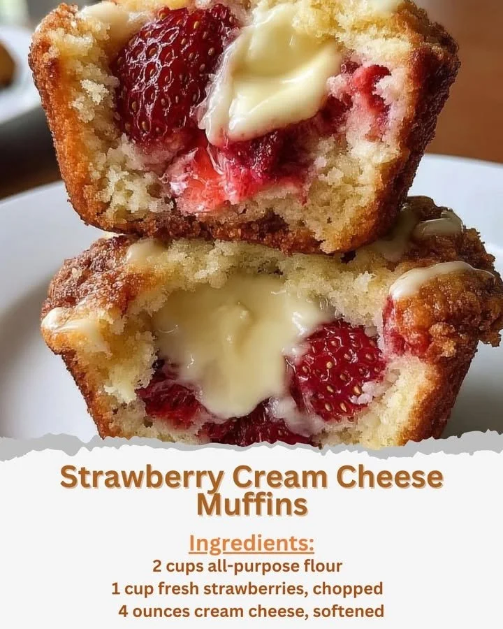Freshly baked Strawberry Cream Cheese Muffins on a rustic table