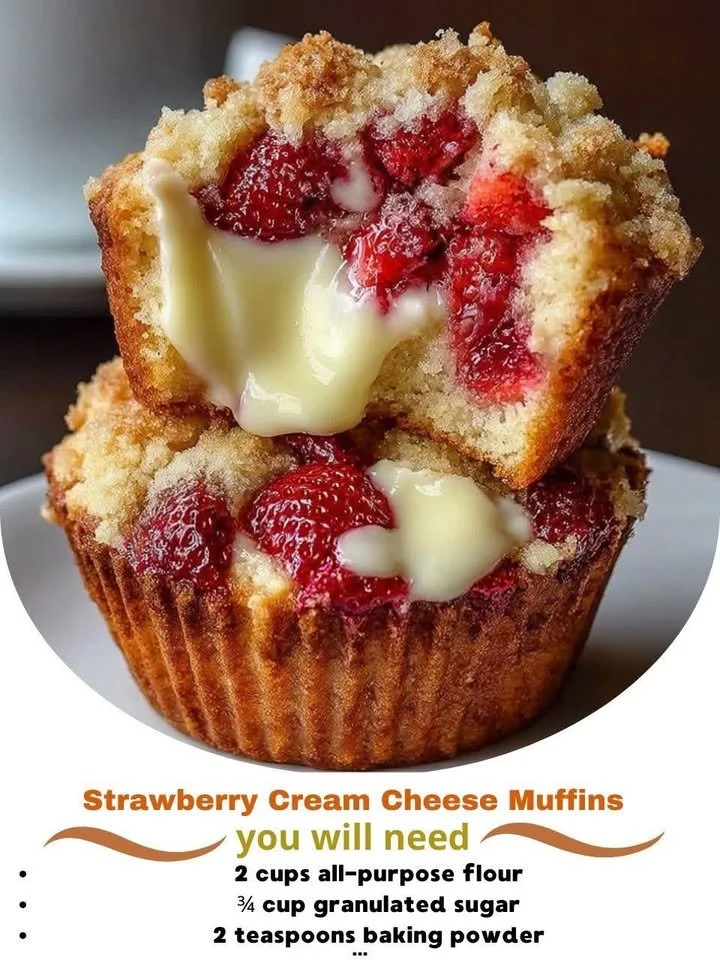 Freshly baked Strawberry Cream Cheese Muffins topped with strawberries