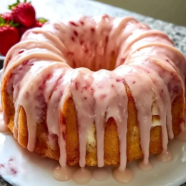 Slice of Strawberry Cream Cheese Pound Cake garnished with fresh strawberries