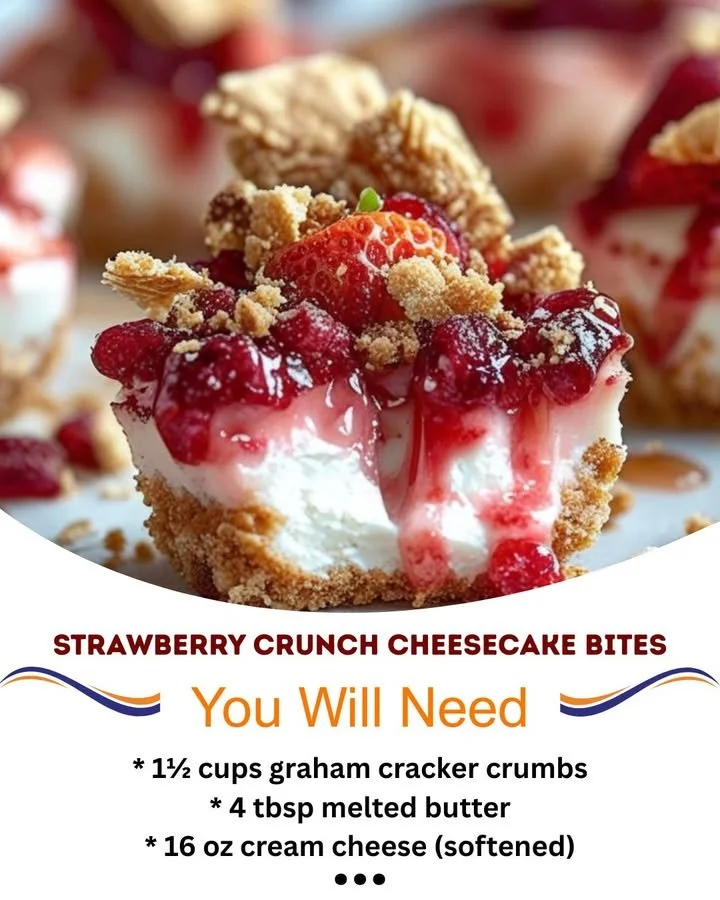 Strawberry Crunch Cheesecake Bites served on a white plate with fresh strawberries