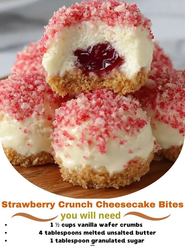 Delicious strawberry crunch cheesecake bites topped with fresh strawberries and crunch.